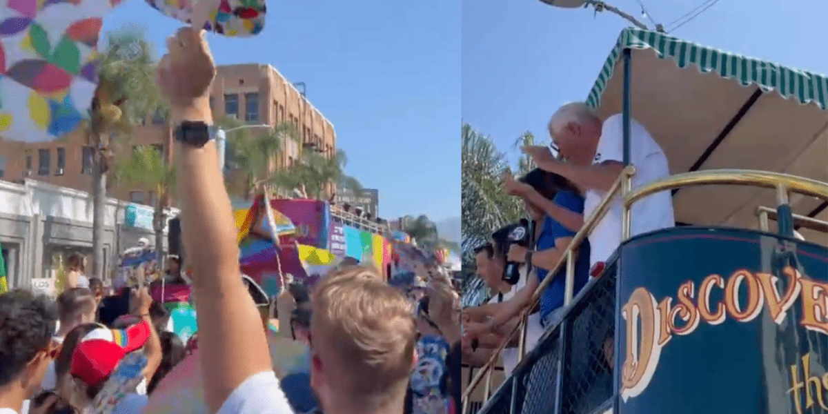 Left: Attendees wave pride flags at LA Pride. Right: Bob Gurr aboard Disneyland omnibus at prid.e