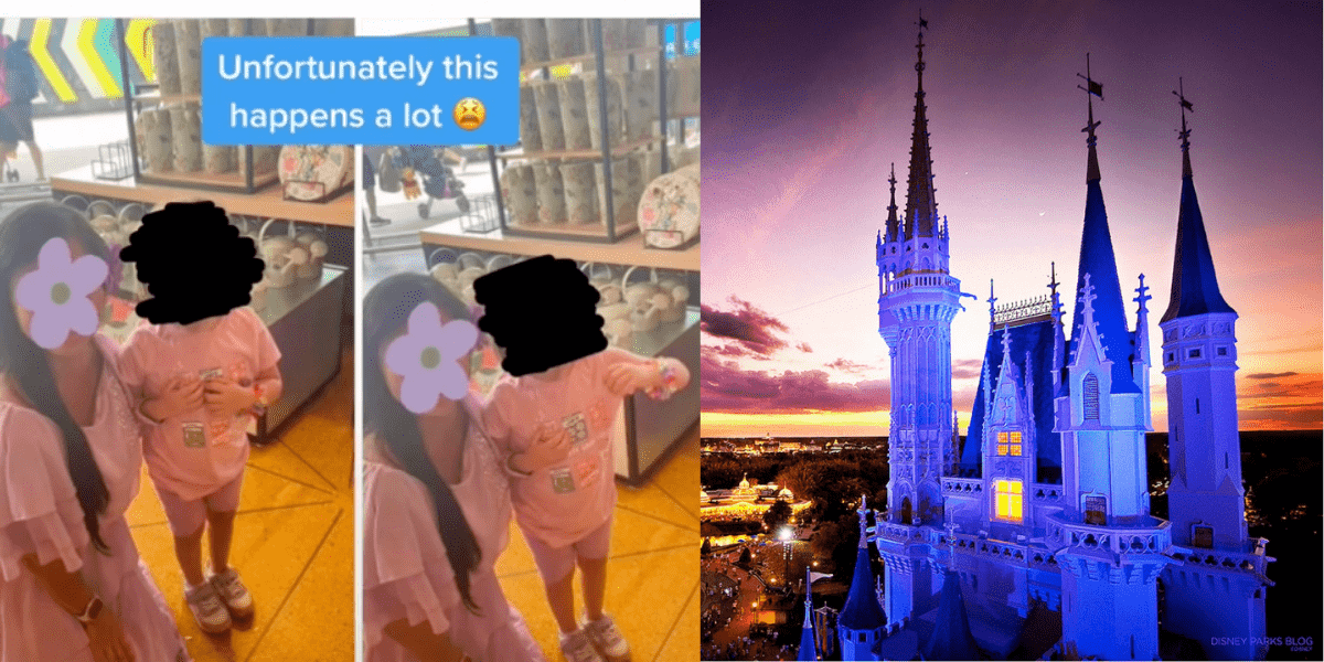 Left: Two photos of a woman dressed as Isabella with a child - their faces are blurred for privacy. Right: Cinderella's Castle glowing at night.