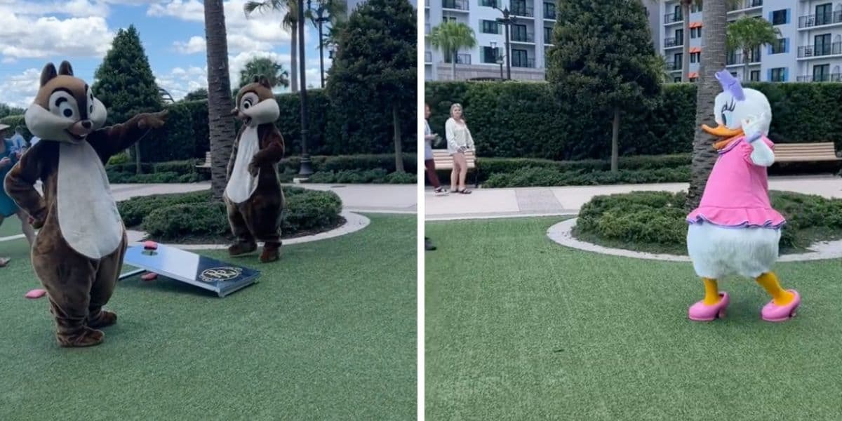 disney characters playing lawn games at riviera