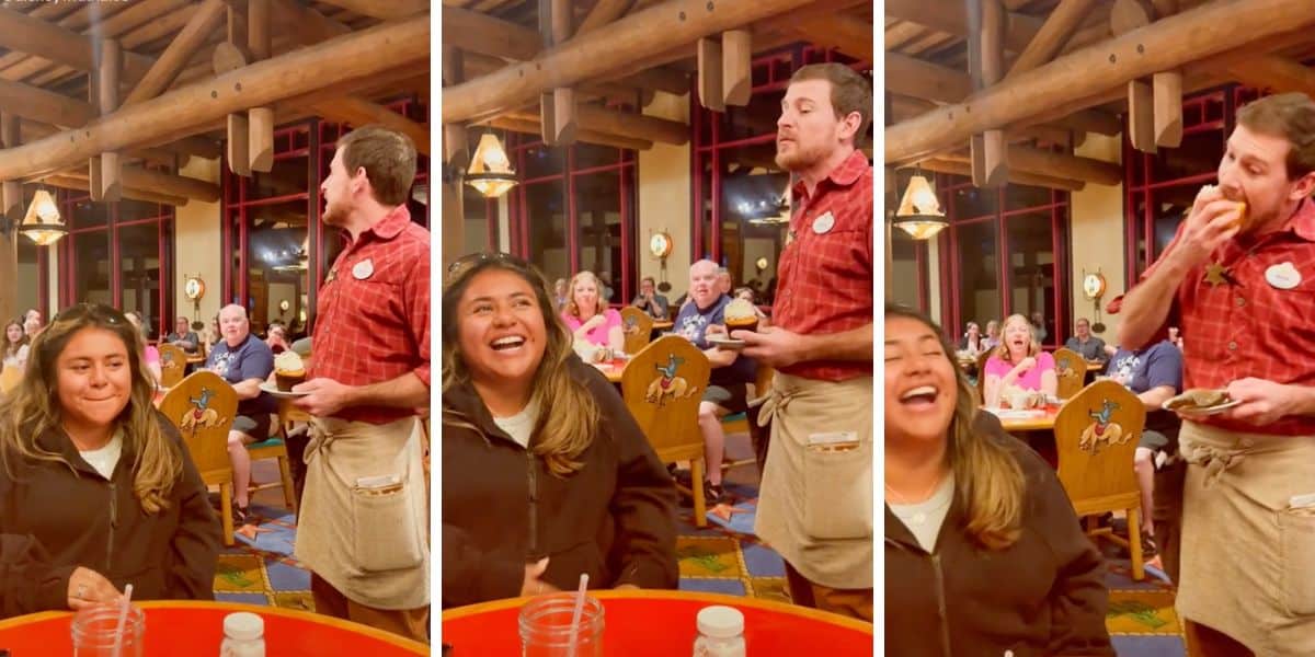 cast member eats cupcake in front of guest
