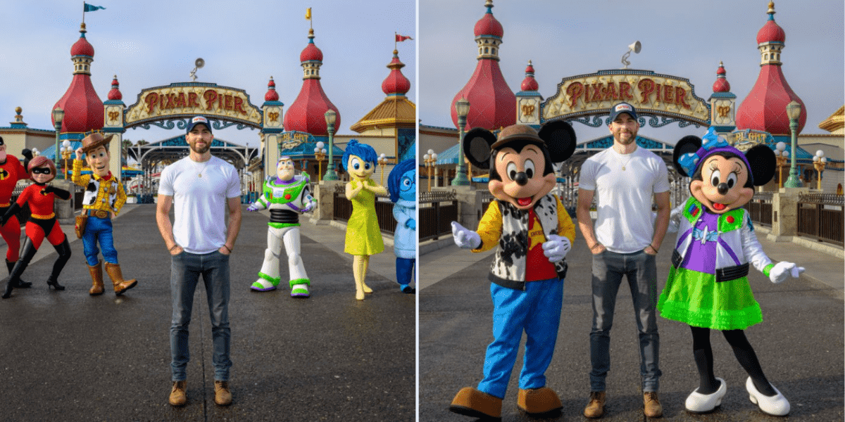 Left: Chris Evans with Mr. and Mrs. Incredible, Woody, Buzz Lightyear, Joy, and Sadness at Pixar Pier. Right: Chris Evans at Pixar Pier with Mickey dressed as Woody and Minnie dressed as Buzzy Lightyear.