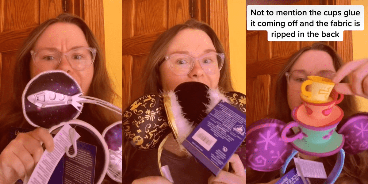 Three images of the same Disney fan showing off pieces from the Mickey Mouse Main Attraction ear collection.