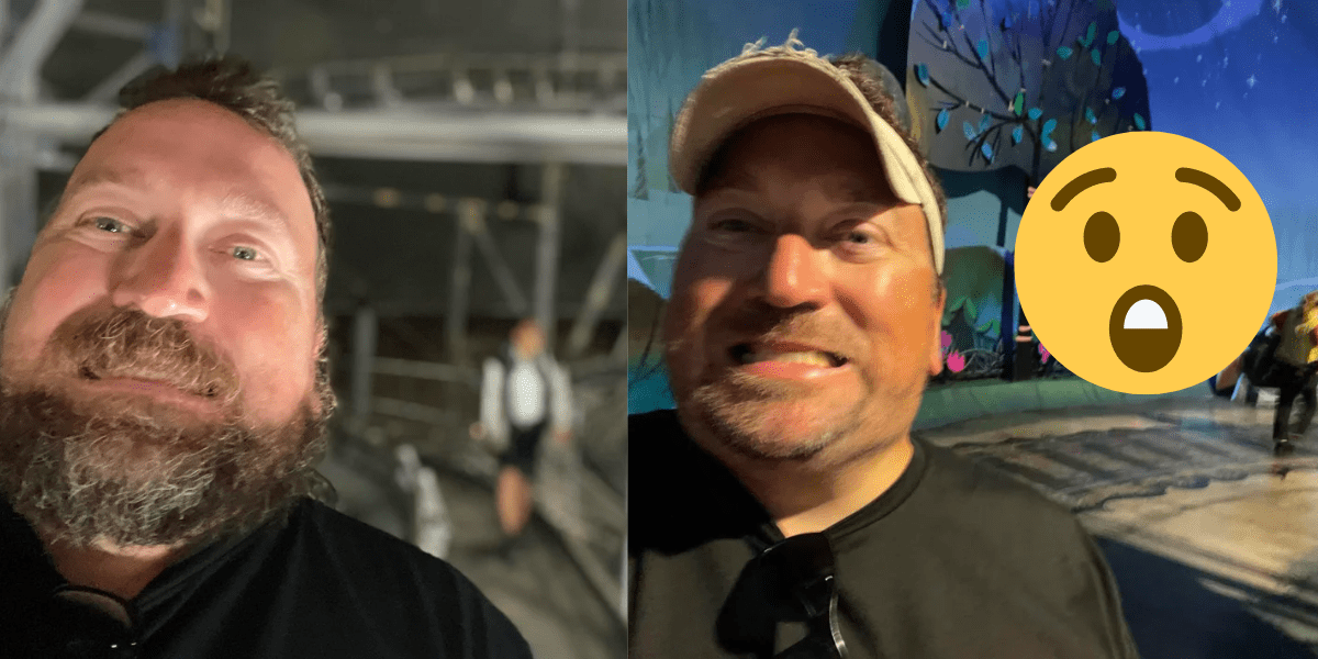 Left: A man walking off Space Mountain with the lights on. Right: The same man walking off Mickey's Runaway Railway. A gasping emoji is on top of the photo.