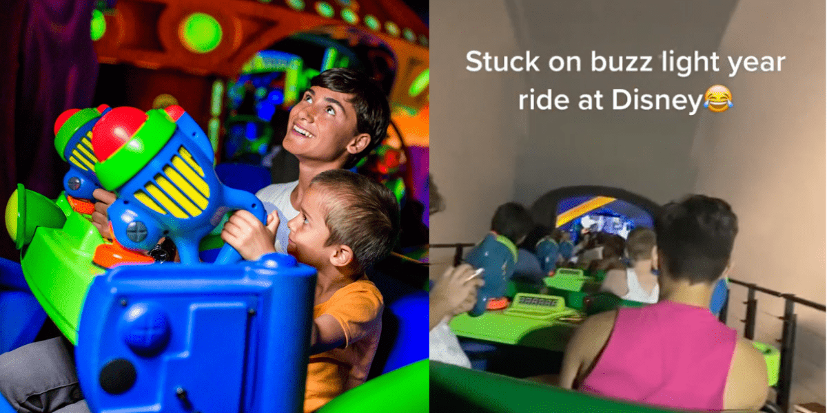 Left: Two Guests on board Buzz Lightyear's Space Ranger Spin. Right: A still from a TikTok showing Guests onboard Buzz Lightyear's Space Ranger spin with the lights on, and screens turned off.