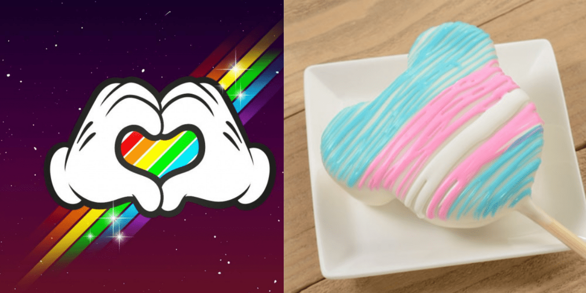 Left: Mickey hands making a heart over a rainbow. Right: Trans Pride Mickey cake pop.