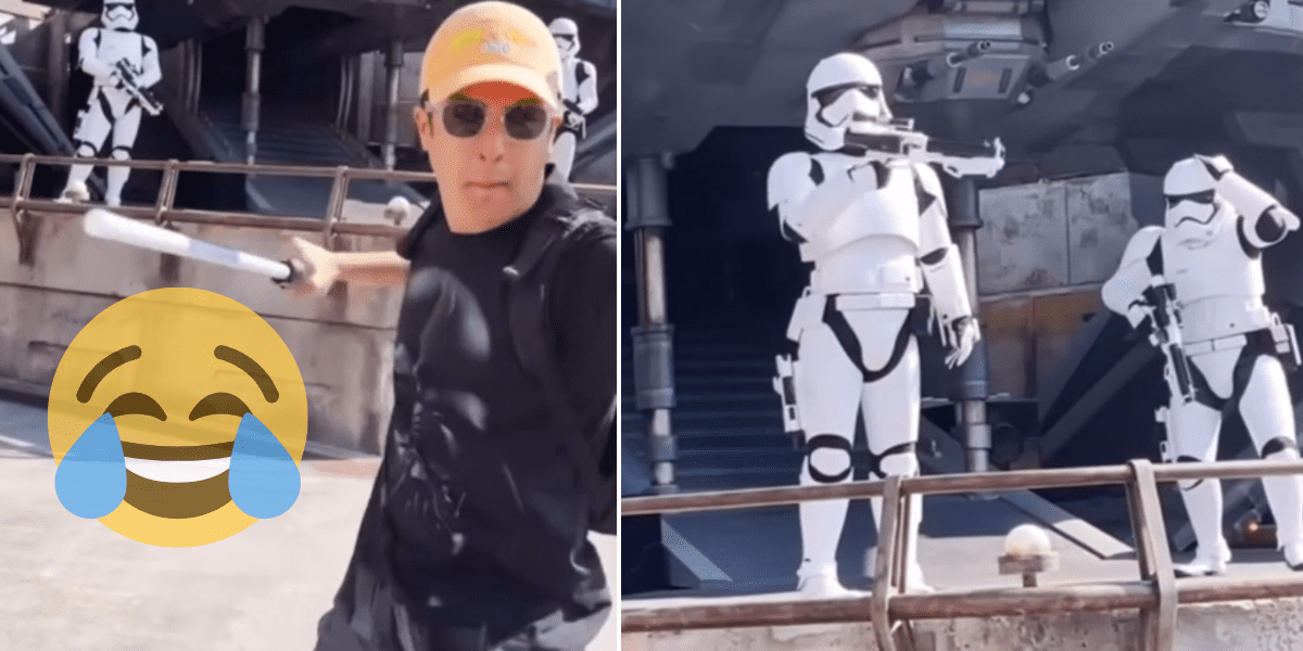 Left: Guest playing with lightsaber with Stormtrooper in the backround. Right: Two Stormtroopers mimick the Guest.