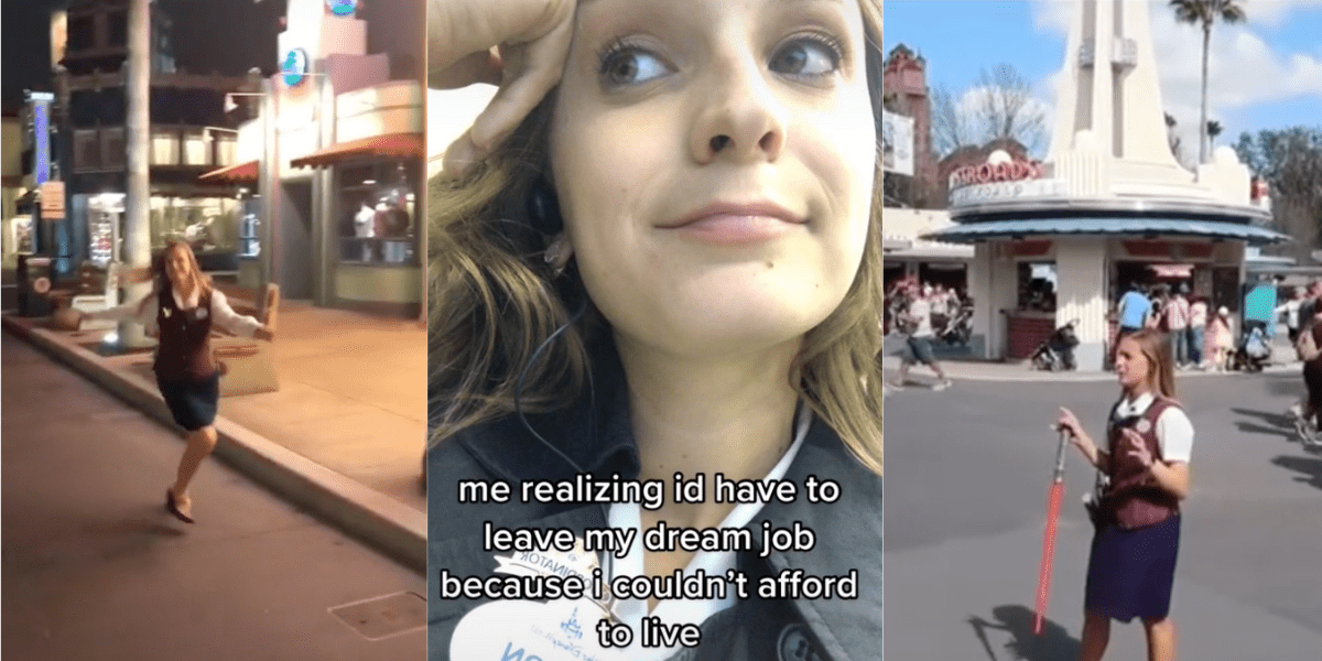 Two images of a Guest Relations Cast Member outside at Disney's Hollywood Studios. In the middle, the cast member smiles with text overtop that says "me realizing id have to leave my dream job because I couldn't afford to live"