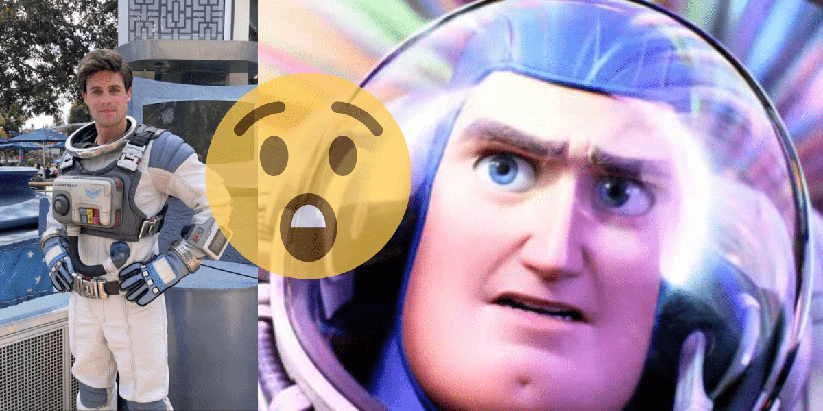 Left: "Lightyear" face character smiles at Disneyland Resort. Right: Buzz Lightyear hits hyperspeed in Lightyear. A gasping emoji overlays both photos.