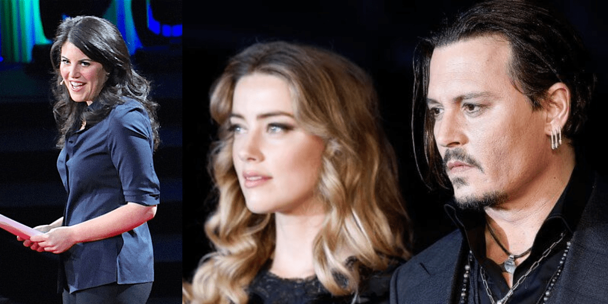 Left: Monica Lewinsky speaks at a TedX conference in 2015. Right: Johnny Depp and Amber Heard together, both wearing black.