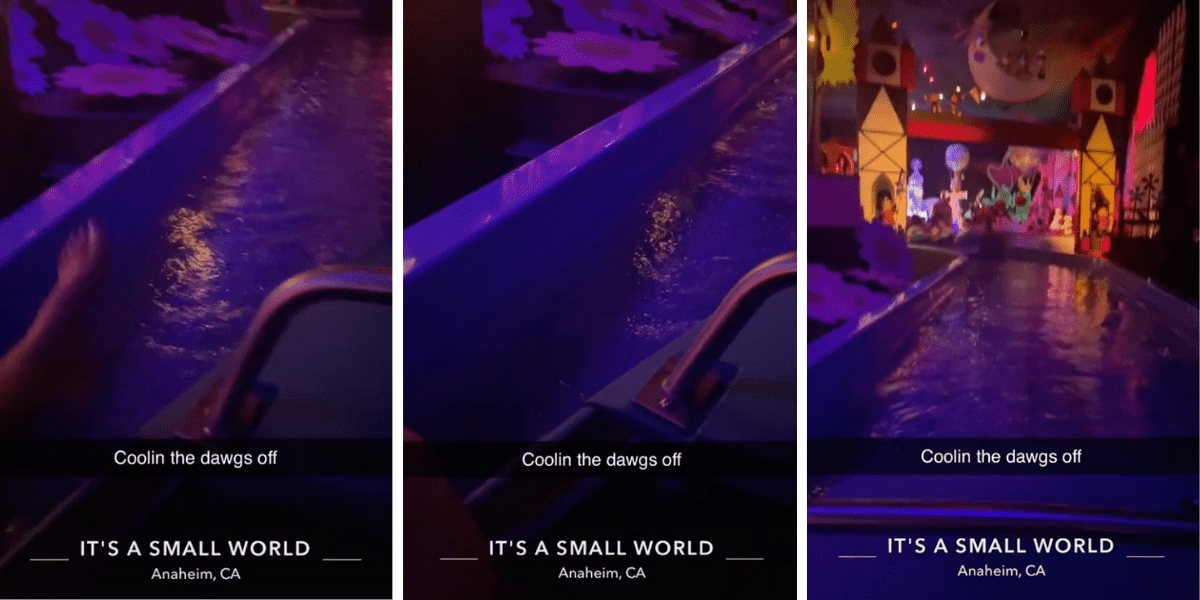 A Guest sticks their foot into the water on "it's a small world."