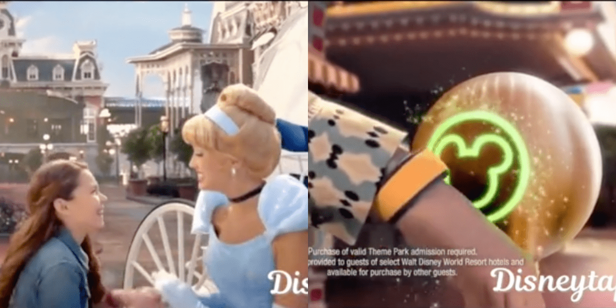 An advertisement for Fastpass+ at Walt Disney World. A little girl Meets Cinderella on Main Street, USA and a woman taps her orange MagicBand on a green Mickey touchpoint.