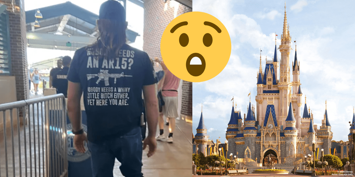 Left: A man wearing a shirt brandishing an AR-15. Right: Cinderella Castle at Walt Disney World. A gasping emoji is overtop both photos.