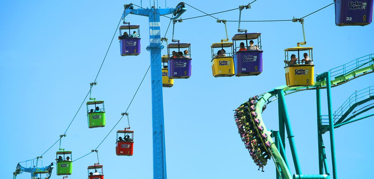 Colorful cable cars suspended in the air travel alongside a green roller coaster filled with riders under a bright blue sky at Cedar Point amusement theme park.