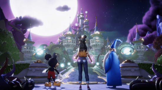disney dreamlight valley mickey and merlin looking at castle