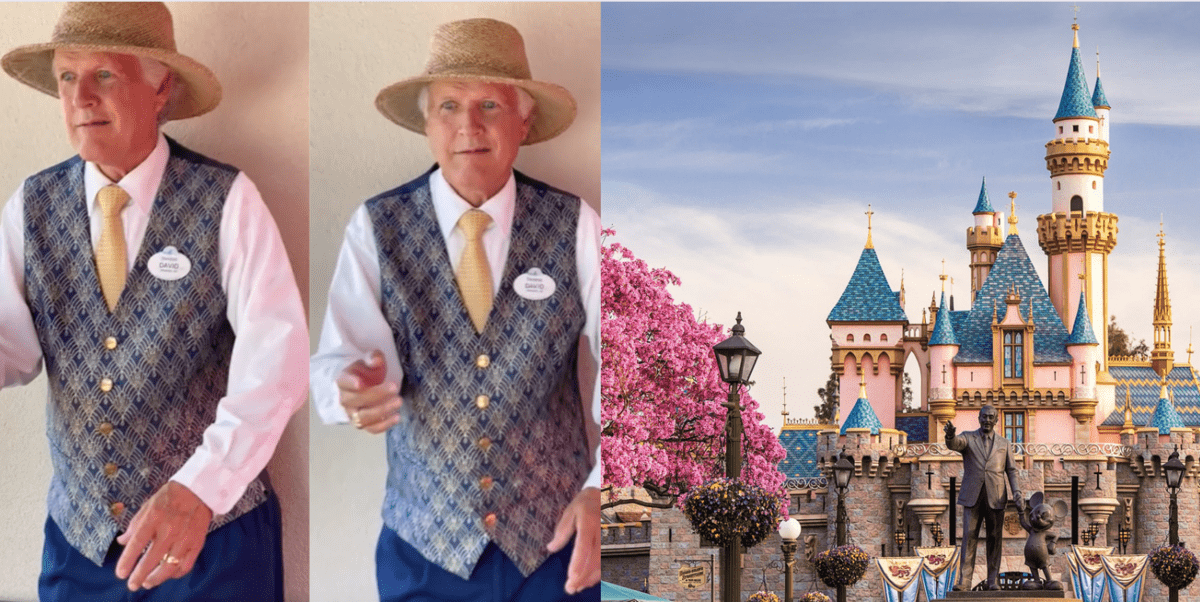 Disneyland Cast Member pretending to be a statue, next to a photo of Sleeping Beauty Castle.