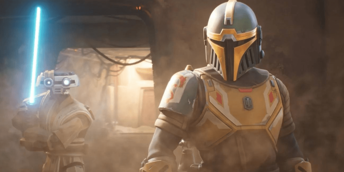 A Mandalorian from the 'Star Wars: Hunters' trailer
