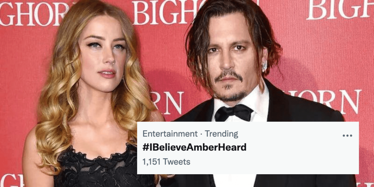 Johnny Depp and Amber Heard at an event, with the Twitter #IBelieveAmberHeard trending hashtag on top.
