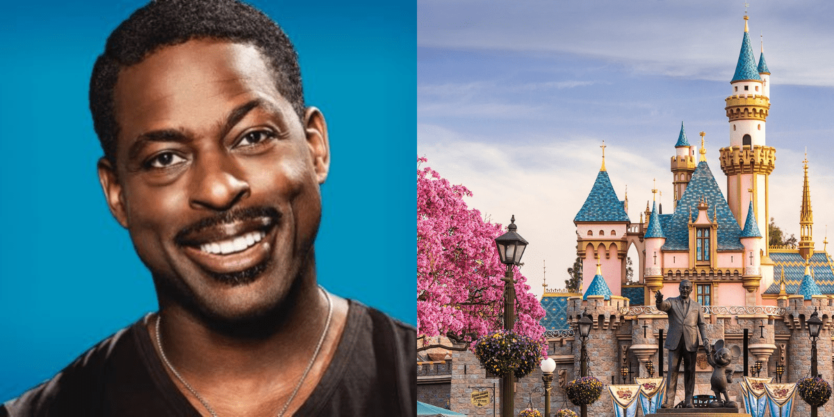 Left: A headshot of Sterling K Brown in a black tee. Right: Sleeping Beauty Castle at Disneyland on a sunny day.