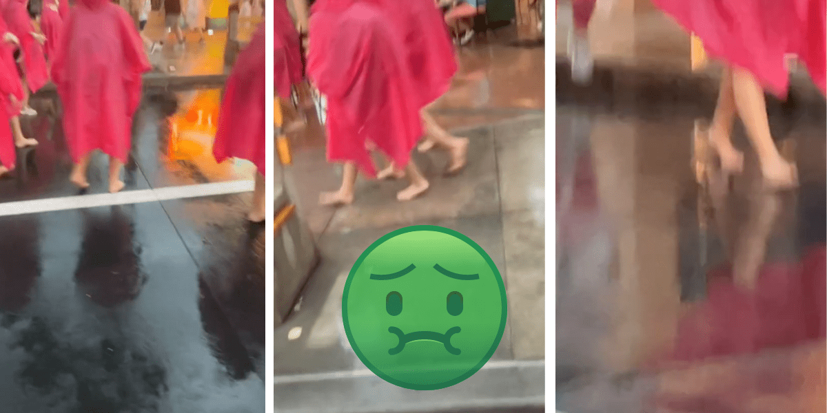 Guests walking barefoot in the rain at Hollywood Studios.