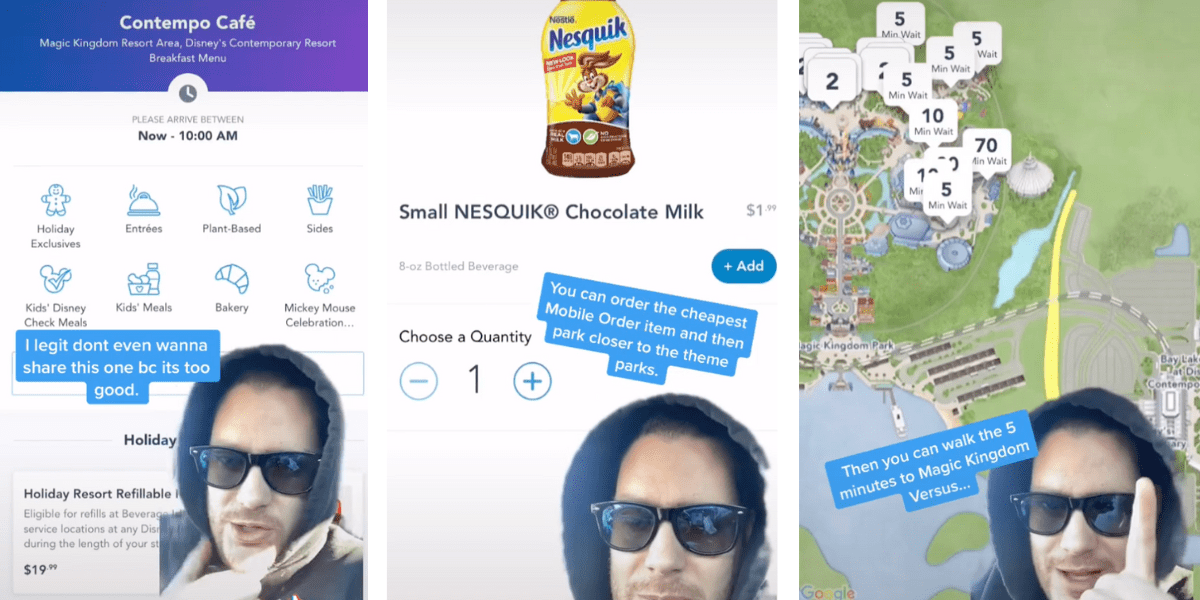 TikToker shares screenshots from the Disney World app of the Contemporary Cafe menu, a chocolate Nesquick, and the walkway from Contemporary to Magic Kingdom.