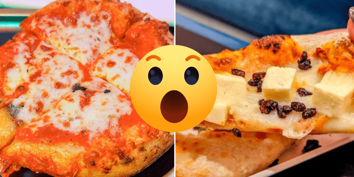 Two pizzas from the Galactic Starcruiser with a gasping emoji overtop the photos.