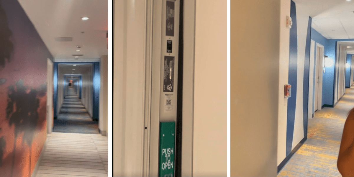 Guests open a "pull to open" emergency door at Universal's Endless Summer Resort.