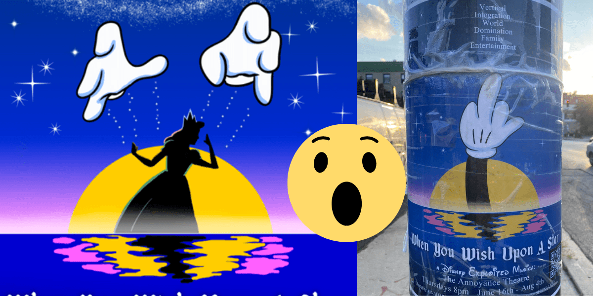 Two posters for When You Wish Upon A Star: A Disney Exploited Musical. A shocked emoji is overtop both pictures.