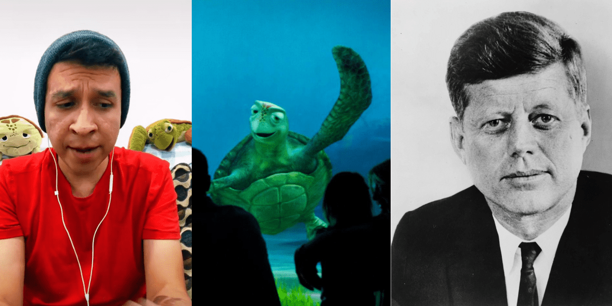 Left: Tawmbien in a red shirt, with two Crush plushies. Middle: Crush at EPCOT with Guests. Right: JFK in portrait.