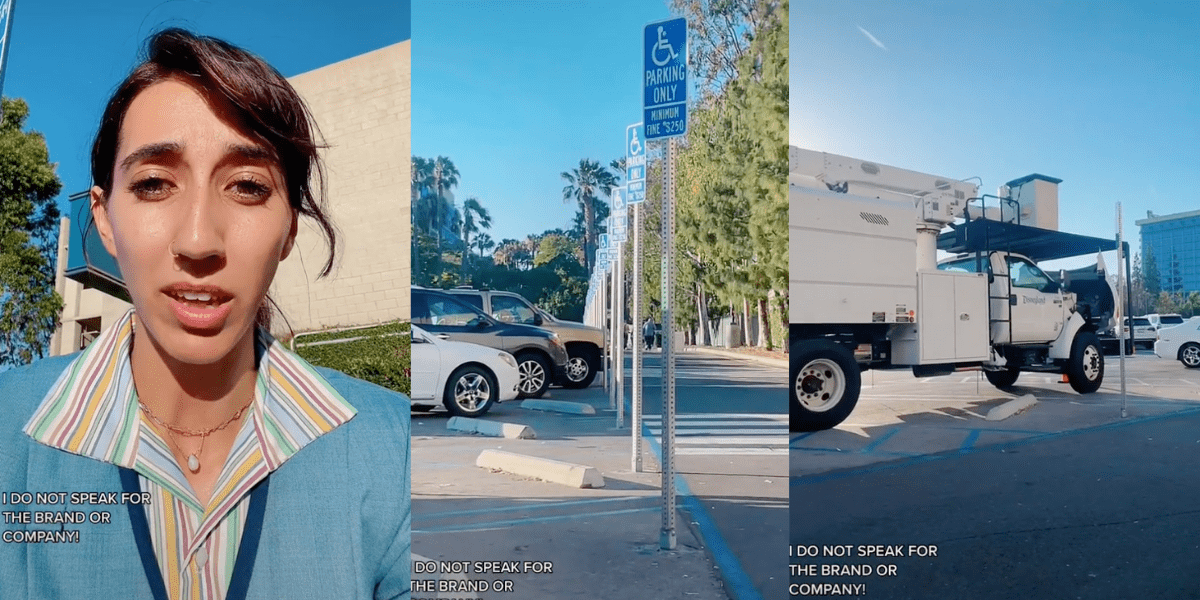 Cast Member shows a truck blocking four of the few disabled parking spots at Downtown Disney.