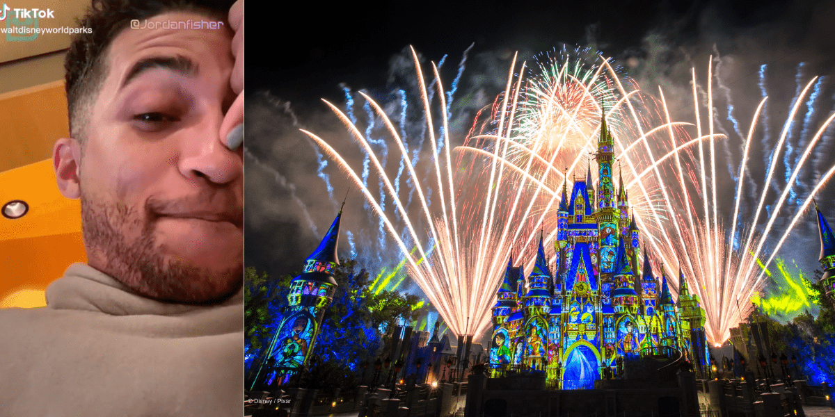 Jordan Fisher in a TikTok. Right: Fireworks over Cinderella Castle at Magic Kingdom.