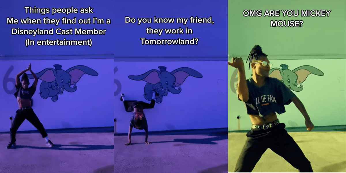 Cast Member dances in front of a wall with Dumbo on it.