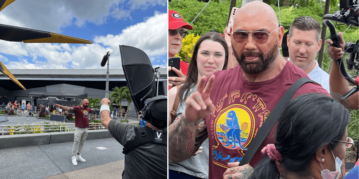 Dave Bautista outside Guardians of the Galaxy: Cosmic Rewind.