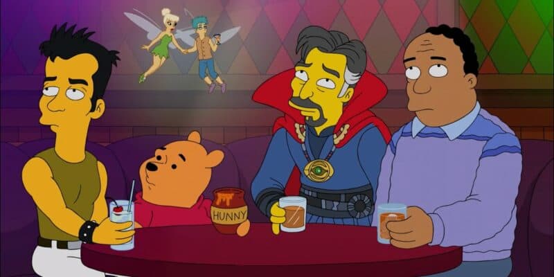 simpsons plusaversary winnie the pooh, doctor strange, tinker bell at table