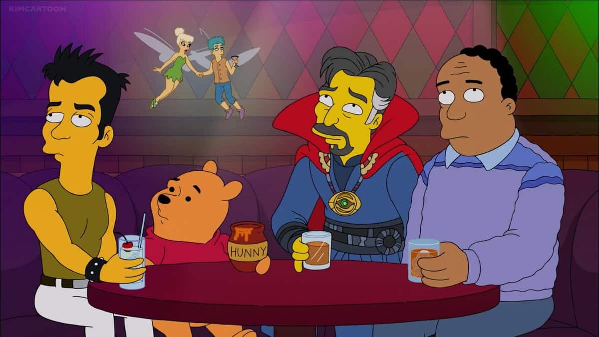 simpsons plusaversary winnie the pooh, doctor strange, tinker bell at table