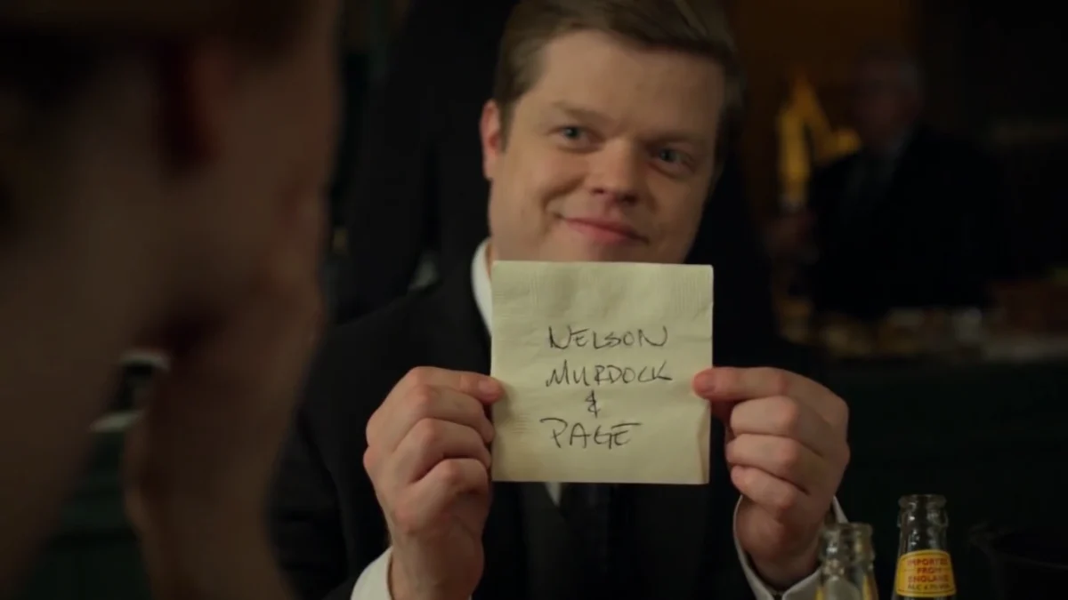 Daredevil Season 3 Foggy Nelson Holding Up New Napkin Reading Nelson Murdock and Page