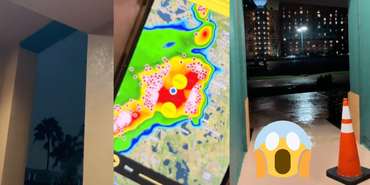Rain outside the Swan hotel at Walt Disney World, A phone shows a bright red storm headed to Orlando, a shocked emoji.