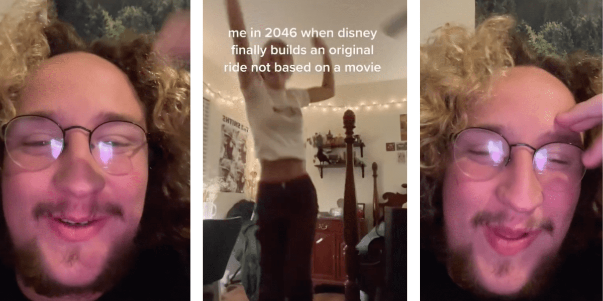 A man named Spence talking in selfie mode, a person dancing with text that says "me in 2046 when Disney finally builds an original ride not based on a movie"