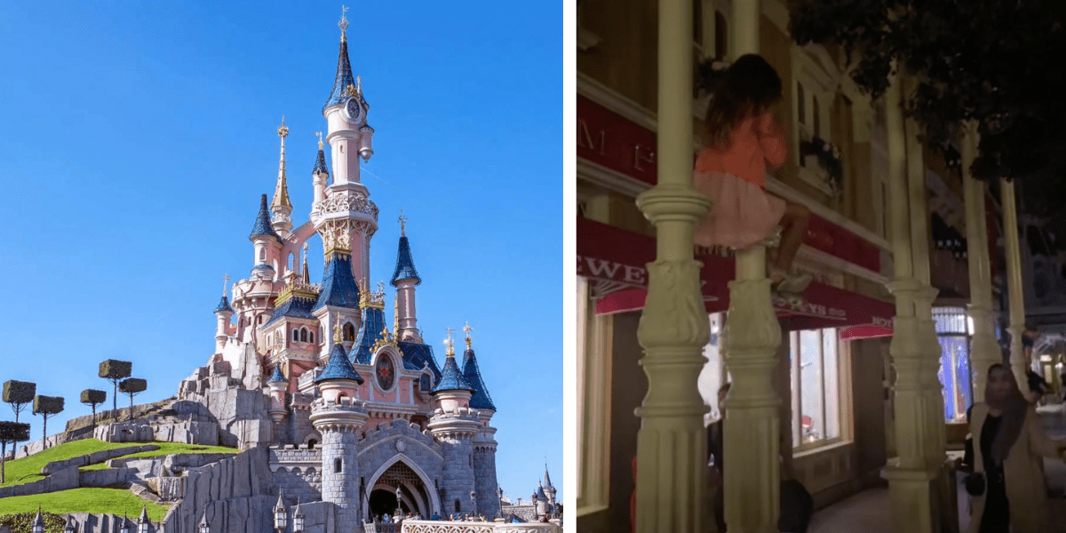 Sleeping Beauty Castle at Disneyland Paris, a little girl climbing a light post on Main Street.