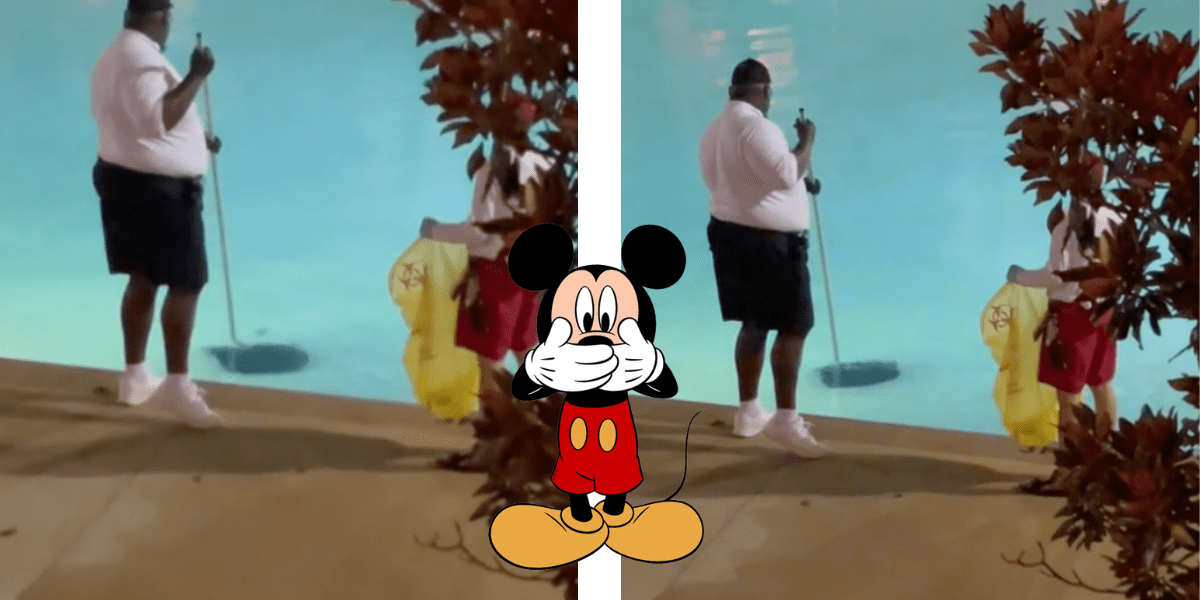 Two Cast Members scoop an item out of the pool while holding a biohazard bag. Mickey Mouse holds his hands over his mouth in shock.