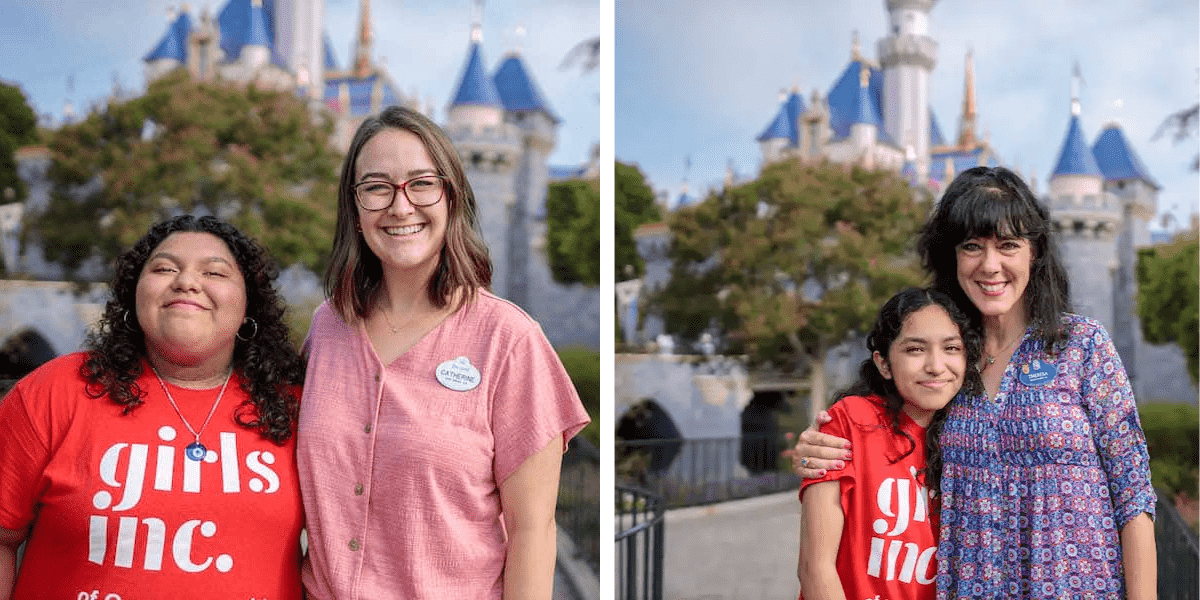 Two Cast Members with two girls in "girls, inc" shirts in front of Sleeping Beauty Castle.