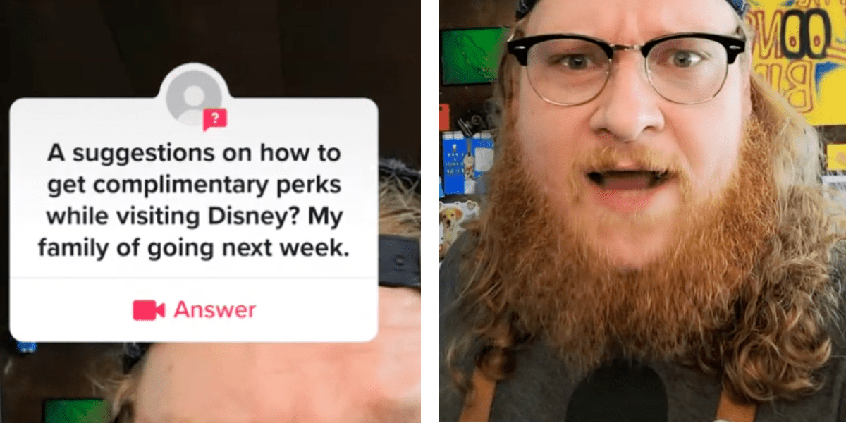 A question box asking how to get free things at Disney, next to a man with a red beard and black glasses talking.