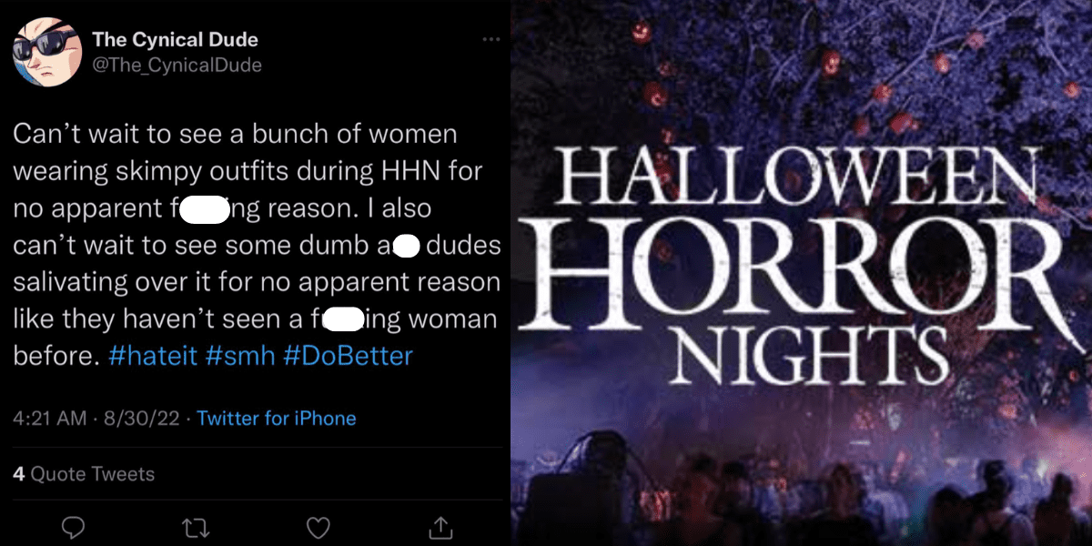 A tweet lamenting women for wearing "slutty" clothing at Halloween Horror Nights. The Halloween Horror Nights logo.