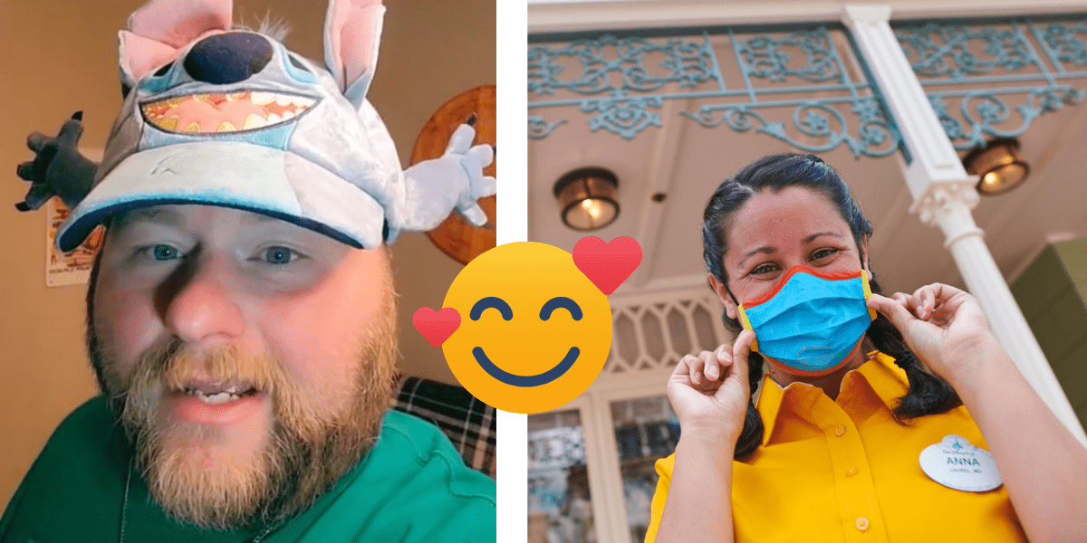 A man with a red beard and a Stitch hat, a smiling emoji with hearts around it, a Cast Member wearing a mask and two braids smiles in front of the Main Street Theater.
