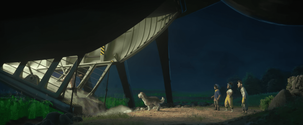 The president walks off a spaceship towards the Clade family.