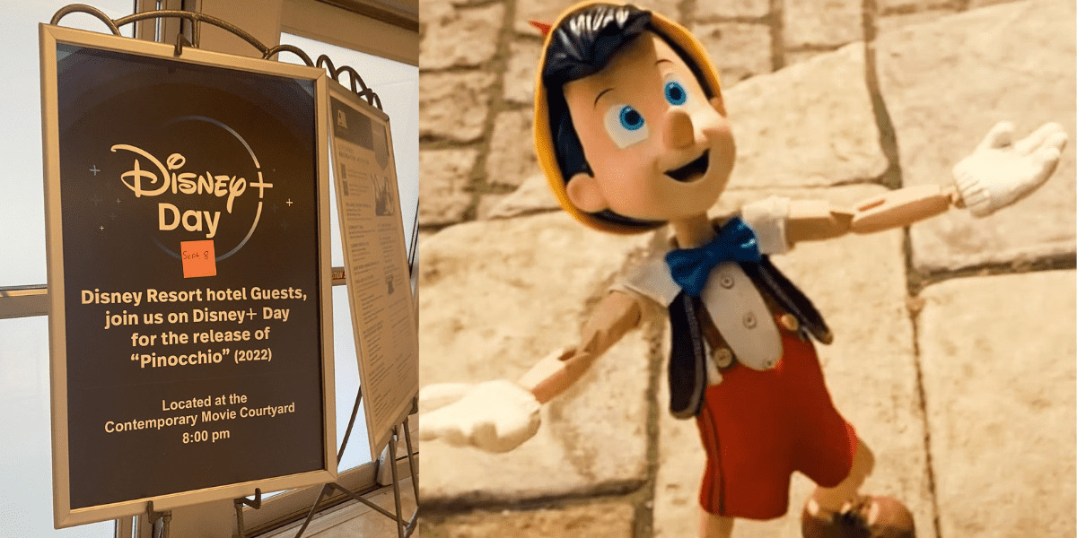 A disney+ day sign in the lobby of the contemporary resort with a post it note on it. Pinocchio smiling.
