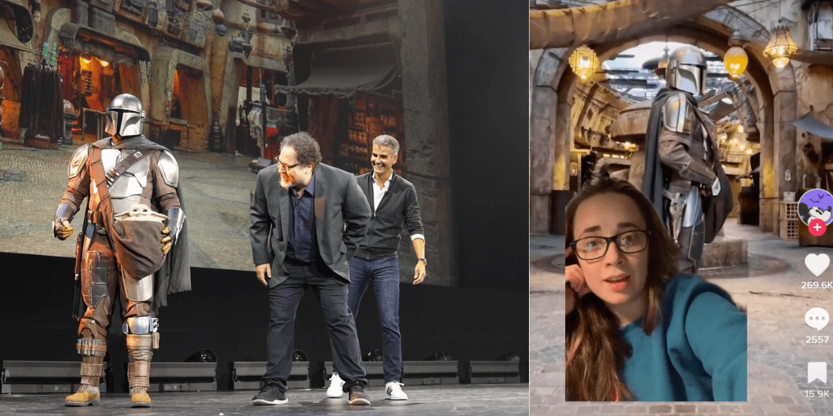 Left: Mando on stage with Grogu in a pouch. Jon Faverau and Josh D'amaro look at him, grinning. Right: Mando in Batuu greenscreened behind a woman with brown hair and glasses speaking.