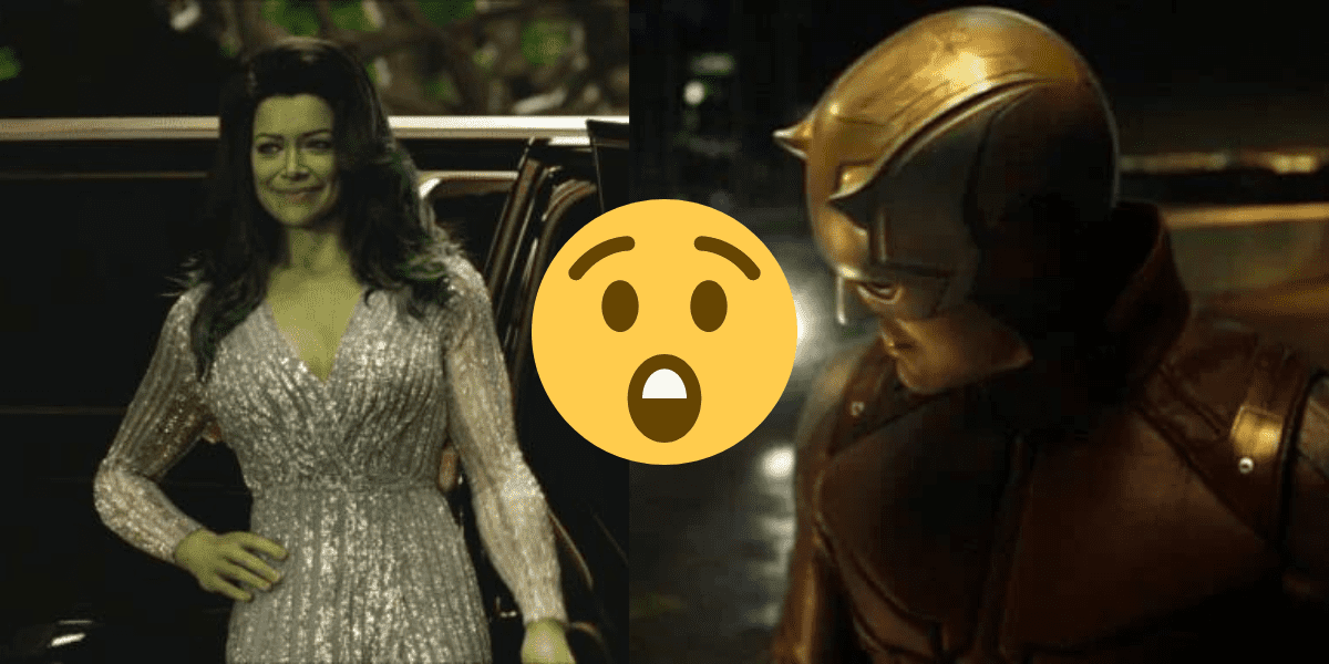 Jennifer Walters in She-Hulk form in a silver gown, posing in front of a limo. A gasping emoji. Daredevil wearing his helmet, looking at something out of frame in the dark.