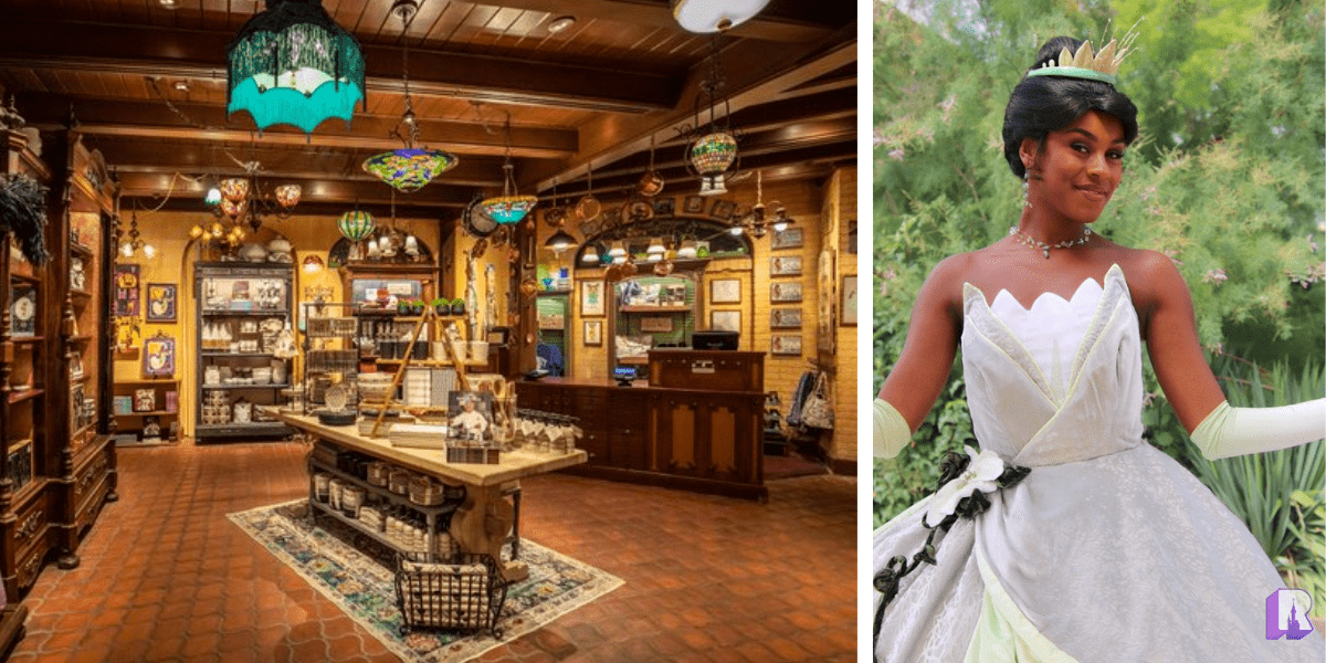 Left: A look at Tiana's bouytique. There is a green chandelier and the tables are filled with plates, serving ware, etc. Right: Princess Tiana, portrayed by an actress at Disneyland, smiles in front of a bush.