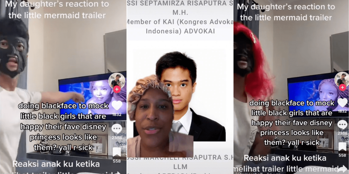 In two images, a man is in blackface pointing at Halle Bailey as Ariel in The Little Mermaid. In the other image, a woman is greenscreened in front of a screenshot containing a photo of what is believed to be the man in blackface.