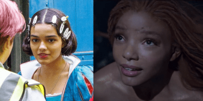 Left: Rachel Zegler on set as Snow White. Right: Halle Bailey singing as Ariel underwater.